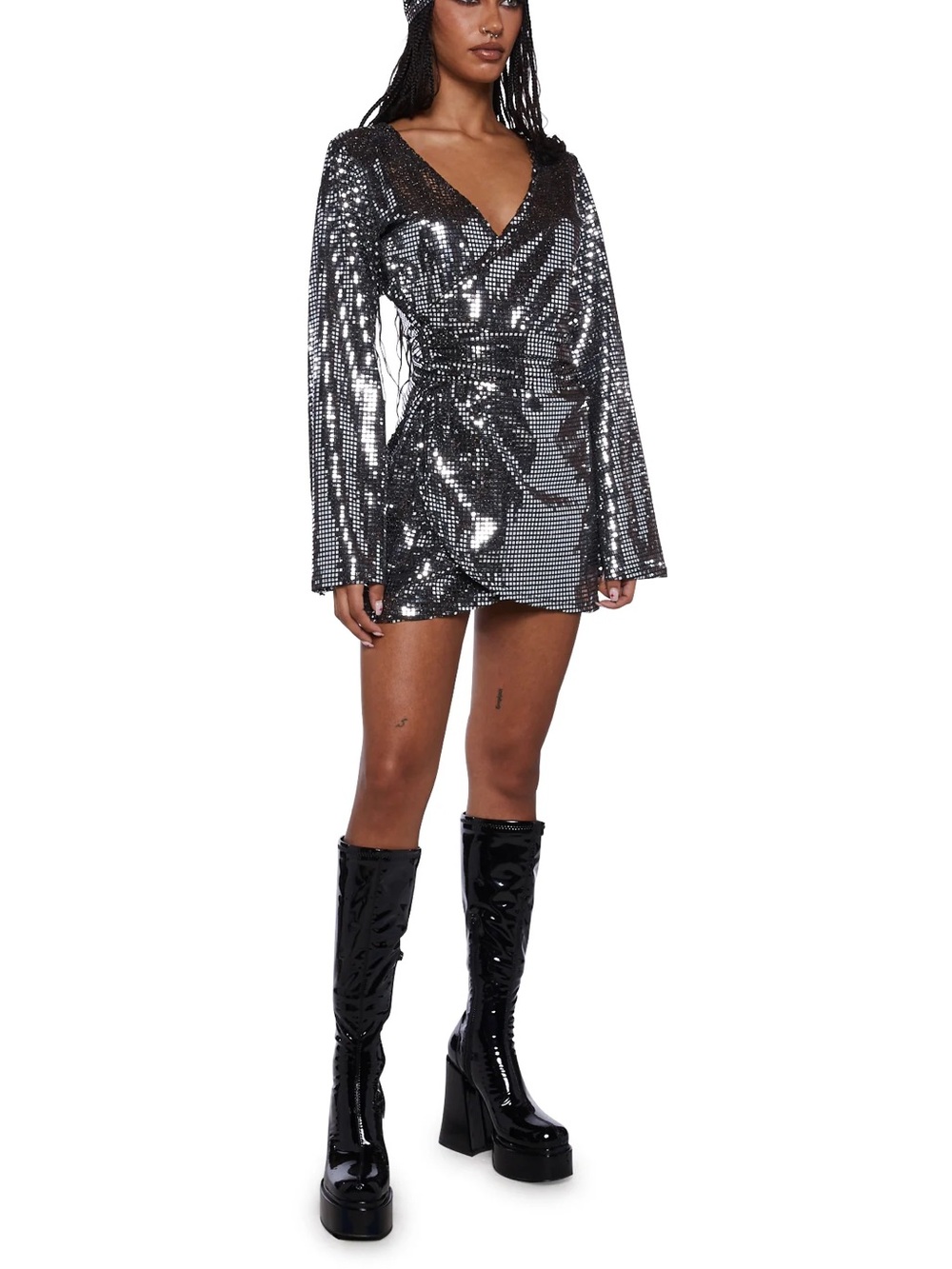 Trickz N' Treatz Silver Disco Fever Costume Wrap Dress Bell Sleeves Mini Medium